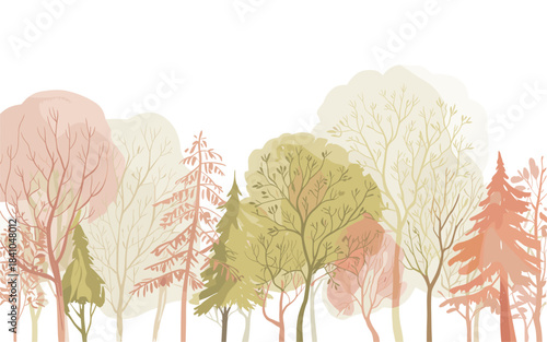 Autumn forest with muted pastel trees and branches