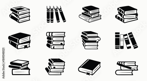 Stack of books icons black and white library literature reading education

