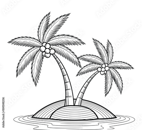 Tropical Island with Palm Trees Coloring Page for Kids