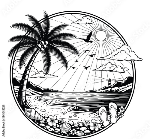 Tropical Beach Scene with Palm Trees and Sunset