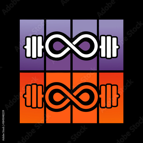 Infinity symbol with barbells in purple and orange