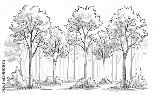 Black and white sketch of a forest with trees and bushes