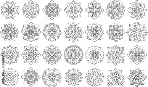 Collection of black line art floral mandala designs