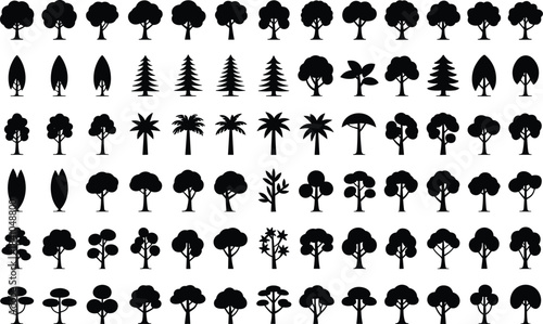 Collection of diverse black tree silhouettes on white background