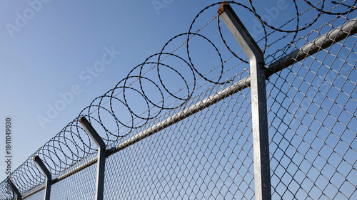 A close-up view of a metal chain-link fence topped with sharp coiled razor wire against a clear blue sky.