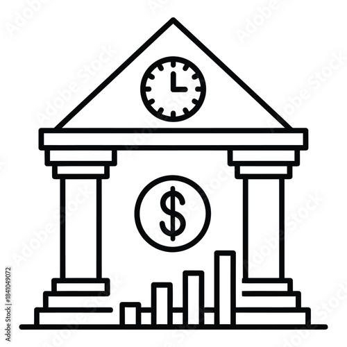 Bank building with clock and dollar sign financial icon