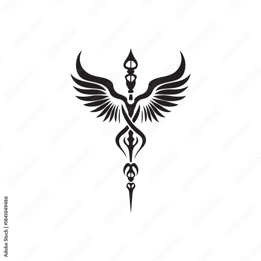 Obraz premium Vector illustration of the caduceus symbol, a medical symbol consisting of a winged staff with two snakes coiled around it.