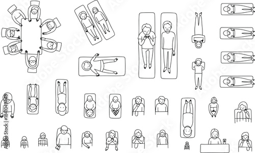 Diverse people in various poses and activities line drawing