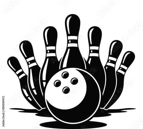 Black and white bowling ball striking down pins illustration