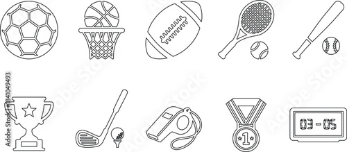This vector illustration displays various black outline sports icons representing equipment, games, and competition elements.