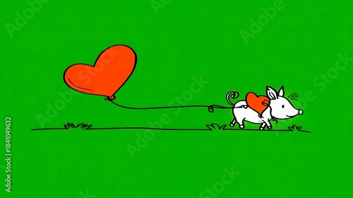 Cute Cartoon Piglet with Heart Balloon on Green Background, Valentine s Day Concept, Isolated Animal