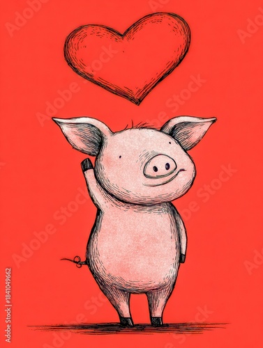 Adorable Piglet with Heart Above on Red Background Whimsical Illustration for Valentine s Day and More