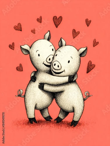 Adorable Piglets Embracing with Hearts A Sweet Valentine s Day Illustration
