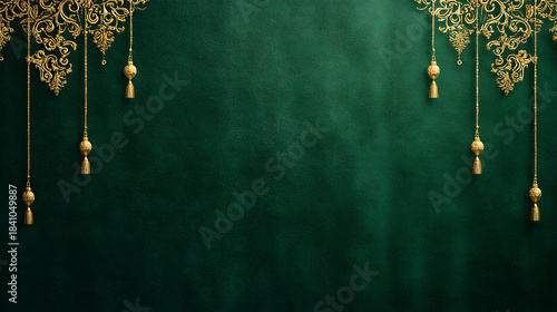Emerald green velvet background with gold ornaments hanging elegantly