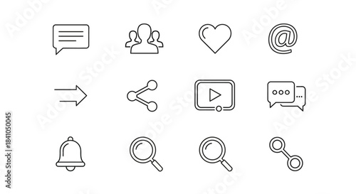 Set of minimalist line icons for social media, communication, and user interface functions.