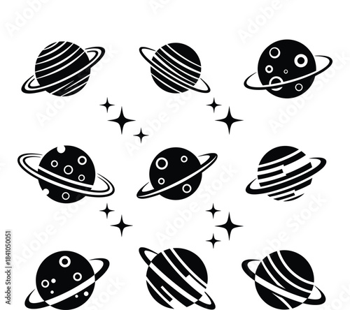 Whimsical Black and White Planet Illustrations with Stars