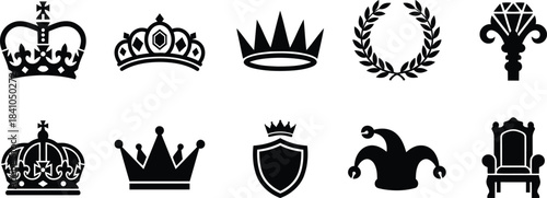 Black silhouette icon set of crowns, royal symbols, jester cap, and medieval throne.