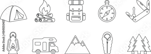 A collection of simple outline camping and adventure icons perfect for travel applications.