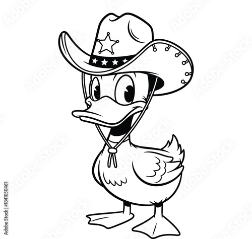 Cartoon Duck Wearing Cowboy Hat and Badge Coloring Page