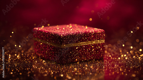 Luxurious glittering gift box with golden accents on festive background