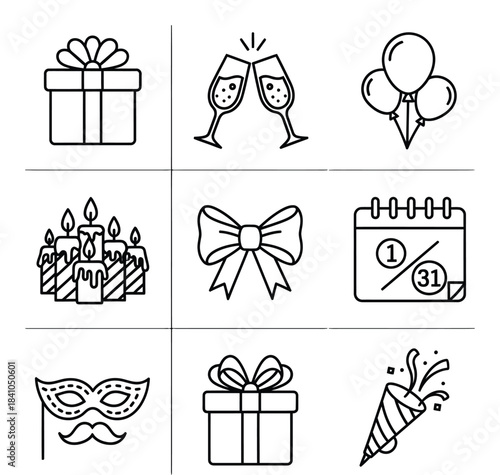 Celebration Icons Set with Gifts Balloons and Candles