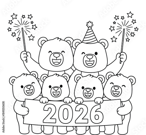 Celebrating New Year 2026 with Happy Bears Coloring Page