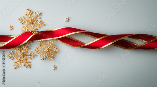 Elegant red ribbon with gold accents and golden snowflakes on light background