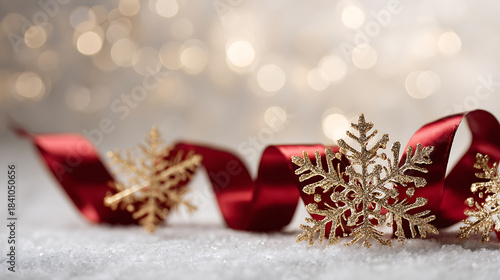 Elegant Christmas decoration with red ribbon and golden snowflakes