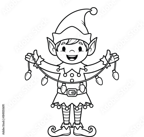 Cheerful Elf Holding Christmas Lights Coloring Page