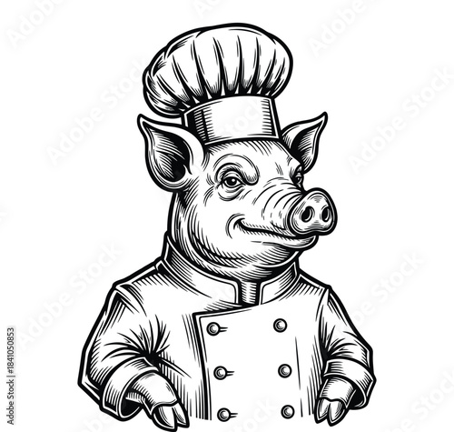 Chef Pig Illustration Wearing Hat and Uniform