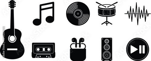 A comprehensive collection of black music and audio technology icons presented on a white background.