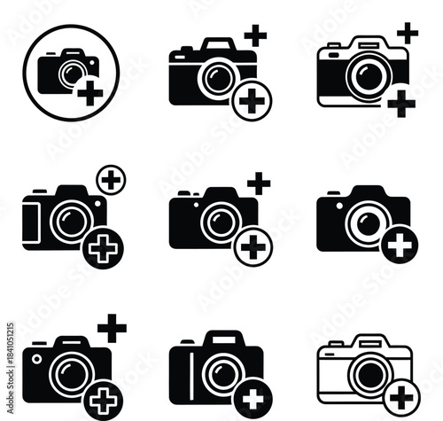 Collection of Camera Icons with Plus Signs for Design Projects