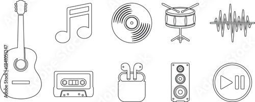 Simple vector outline icons representing various music instruments and digital audio technology.