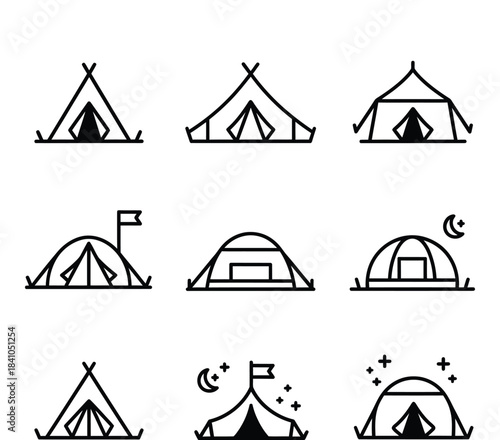 Collection of Camping Tent Icons for Outdoor Activities