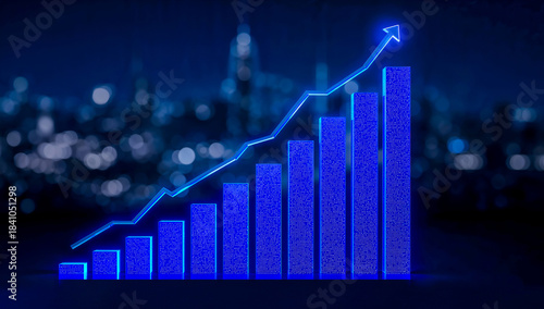 Blue glowing bar graph with upward trend arrow at night