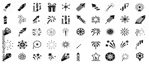 Collection of black fireworks icons for celebrations and festive events


