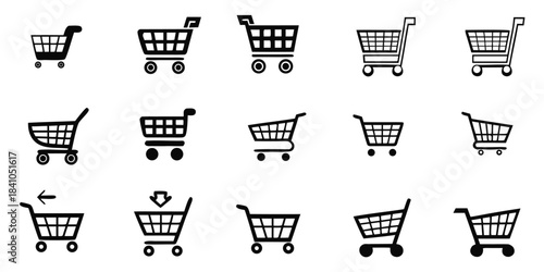 Fifteen Shopping Cart Icons In Black Silhouette Representing Retail And Consumerism
