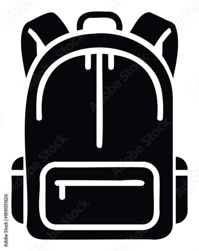 Black backpack with front pocket and straps for school or travel, versatile accessory icon for education and journey concepts