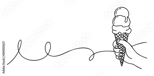 Hand holding a melting ice cream cone in a waffle cup with a playful swirling line extending to the left, perfect for summer refreshment and sweet treat promotions