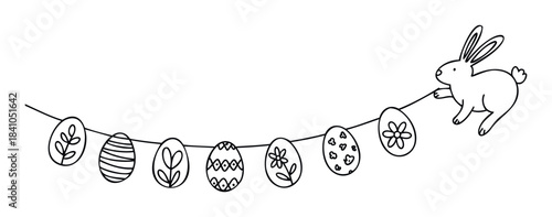 Cute hand drawn Easter bunny holding a festive garland of decorated eggs for spring holiday celebrations and seasonal promotions