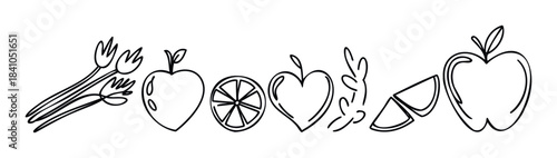 Collection of Hand Drawn Fruits and Vegetables Including Apples, Orange Slice, and Asparagus for Healthy Food Themes and Creative Projects