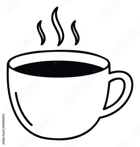 Simple black and white line drawing of a steaming cup of hot coffee or tea, perfect for cafe menus or beverage branding needs.