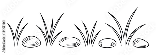 Simple line drawing of grass blades and pebbles in a natural outdoor setting, perfect for landscape themes and nature graphics for websites and print media projects.