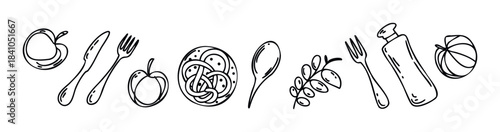 Hand drawn line art collection featuring fruits, cutlery, and a sprig of herbs perfect for food blogs and restaurant menus