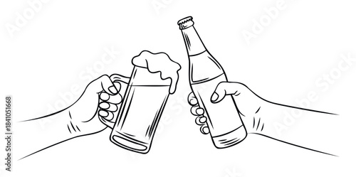 Two hands making a toast with a bottle and a glass of beer, perfect for celebrations, parties, and social gatherings, conveying a sense of friendship and enjoyment for editorial use