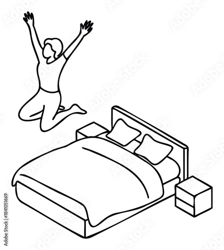 Joyful person leaping in the air near a bed, representing freedom, happiness and waking up refreshed for use in lifestyle and wellness promotions
