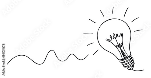 Minimalist one line drawing of a light bulb emitting rays of light and a wavy line representing a thought process or idea flow suitable for business or technology themes.