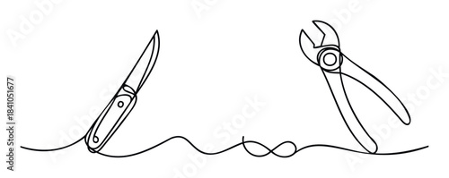 One line drawing of a knife and pliers connected by a continuous line forming an infinity loop, suitable for repair or crafting visuals.
