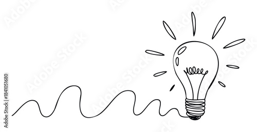 Simple line drawing of a glowing light bulb connected to a wavy cord, representing ideas, innovation, and inspiration for business and projects