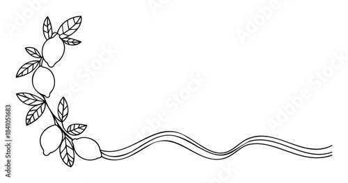 Decorative corner frame with lemons on branches and wavy ribbon line for text space in graphic projects